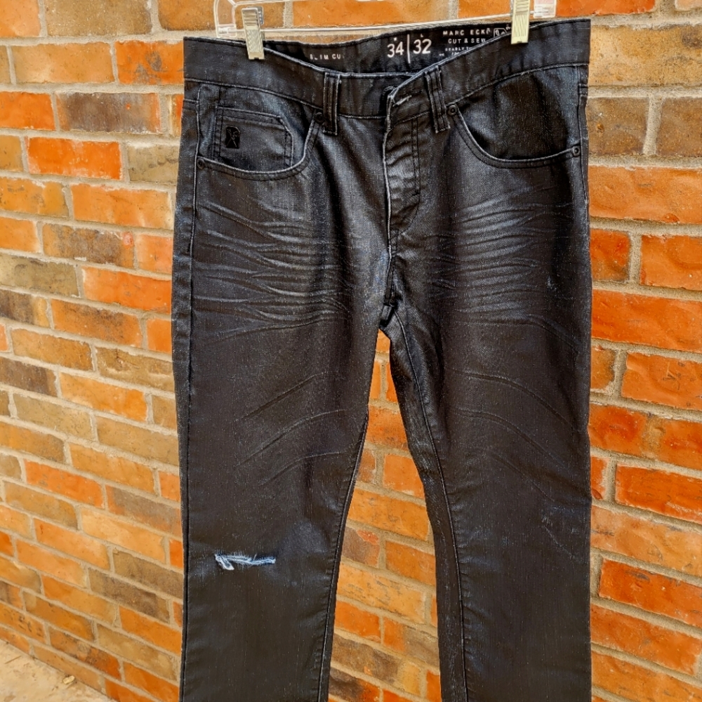 MEN'S BLACK JEANS Distressed Marc Echo Cut&Sew Collection 34Wx32L